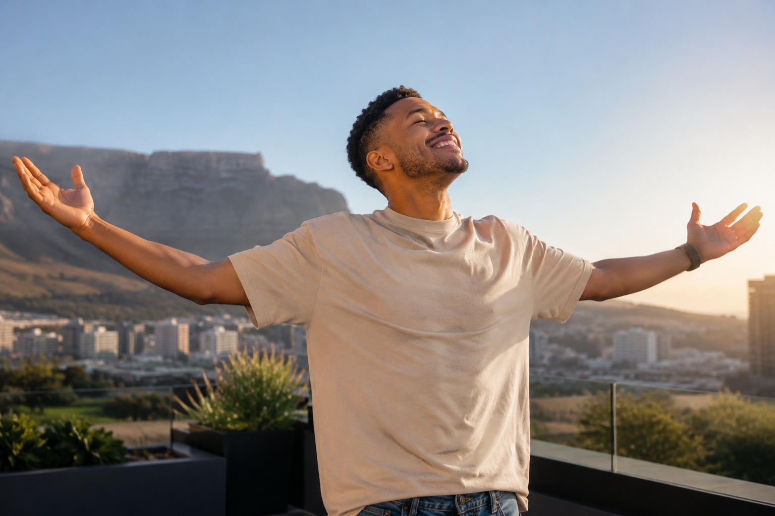 Happy South African with arms raised in front of Table Mountain